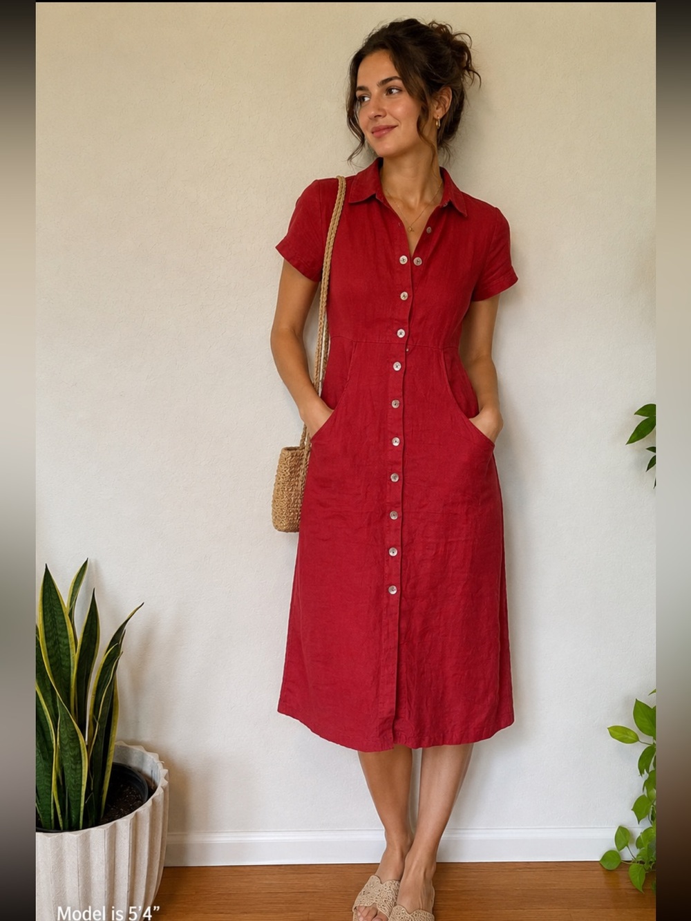 Button-Front Short Sleeve Midi Dress in Red